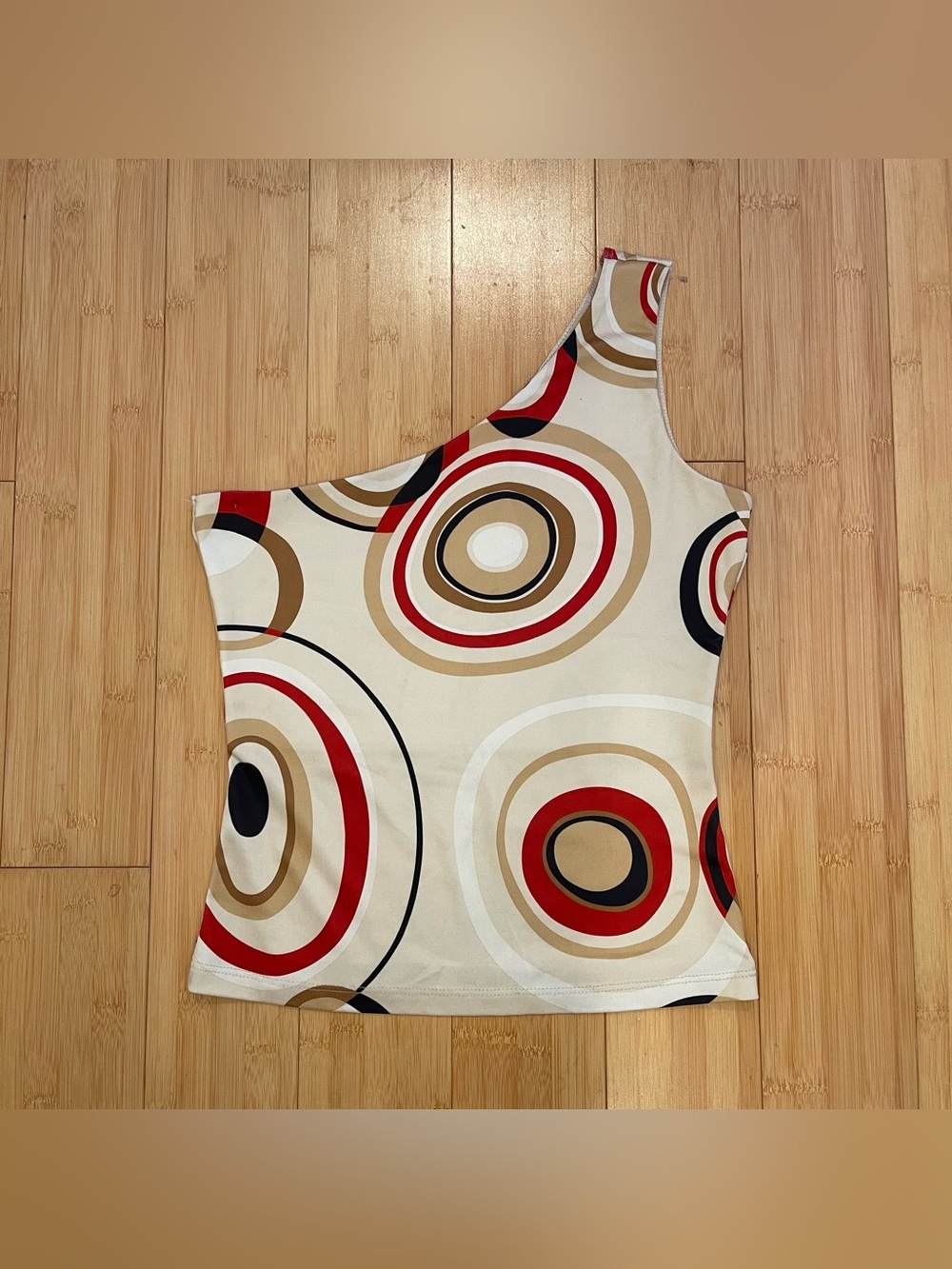 Charlotte Russe Y2K Mod Geometric One Shoulder Top Red Brown Circles Size Small